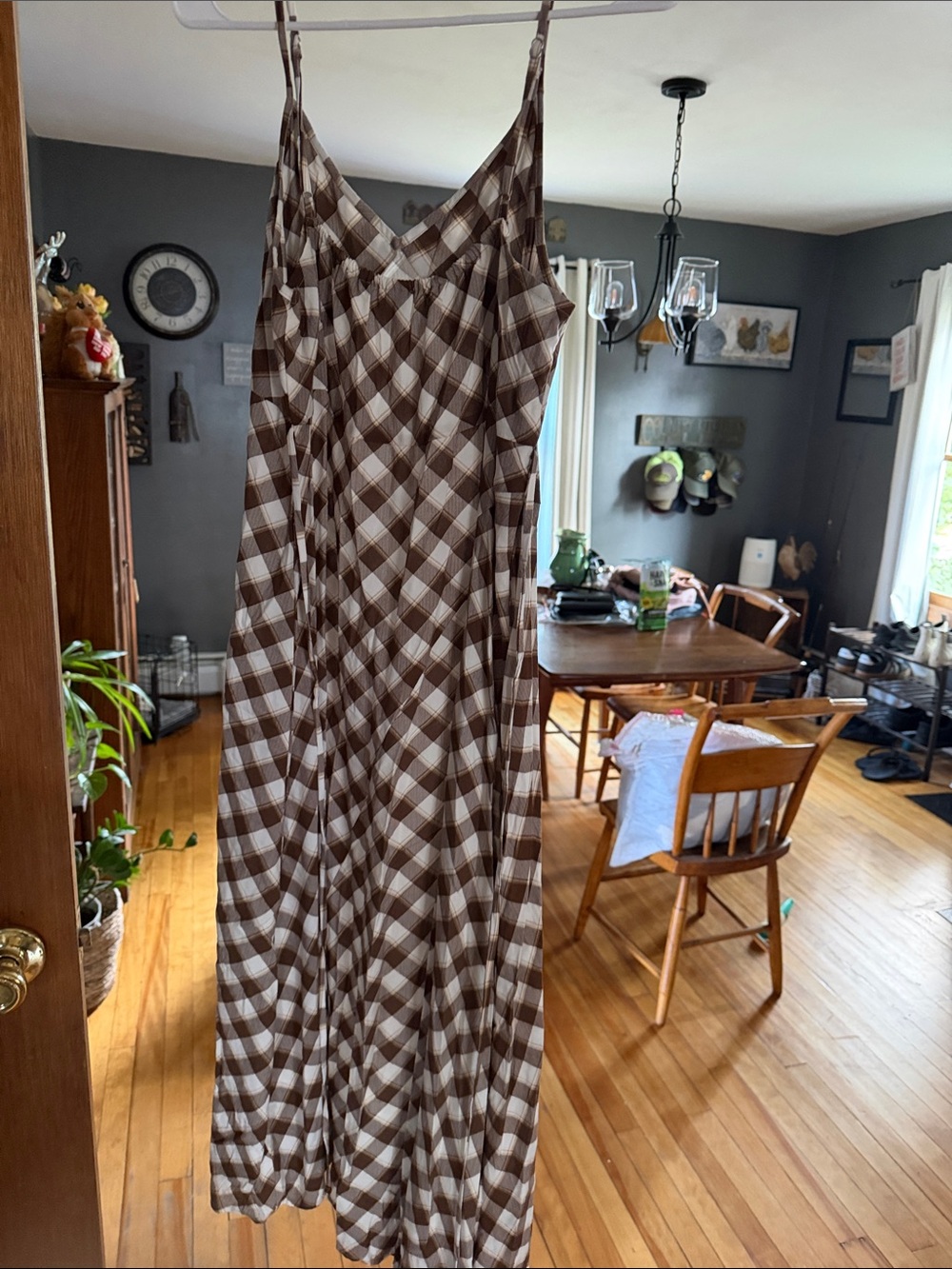 Old Navy Brown and White Plaid V-Neck Maxi Dress